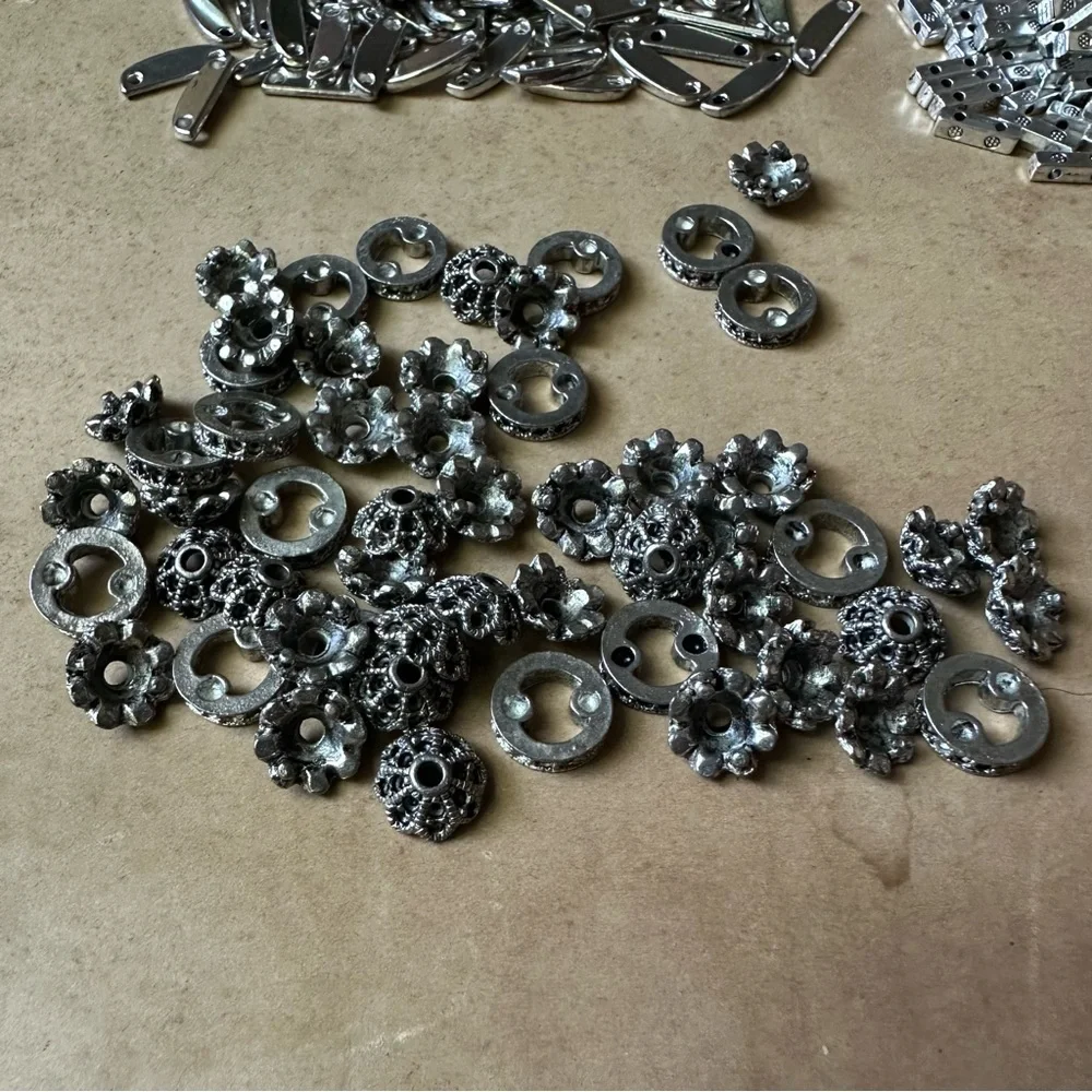 NOS lot of silver tone jewelry making findings: tila beads, caps et al. 9oz